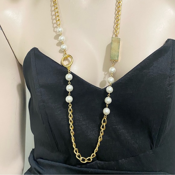 Gold-tone Chain Faux Pearl and Druzzy Crystal 34” Long Necklace - Picture 3 of 12